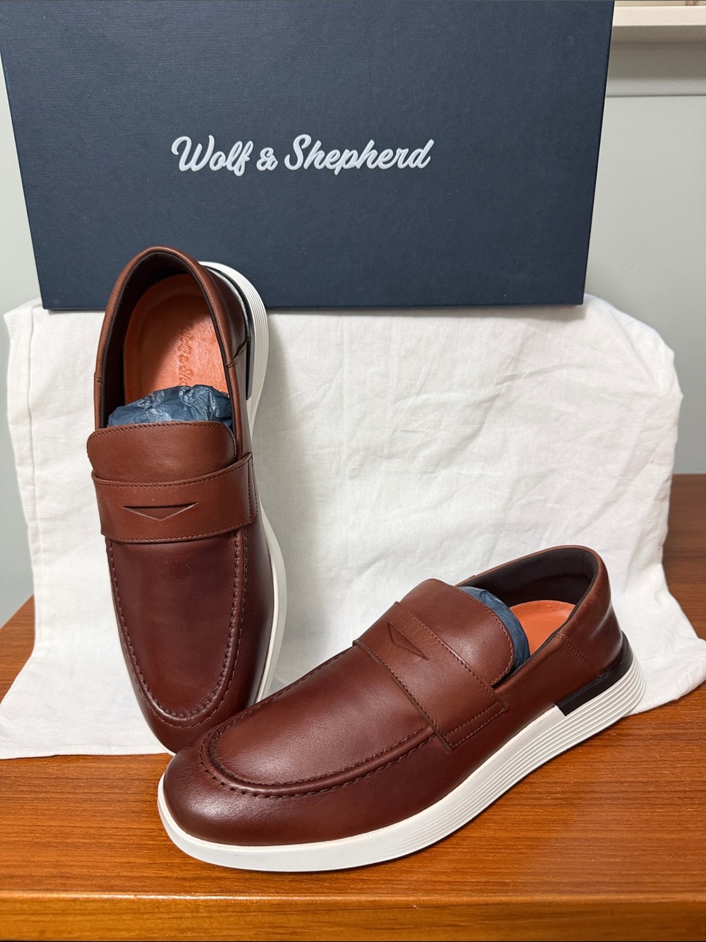 Wolf & Shepherd Men’s Brown Leather Slip-On Loafers with White Sole